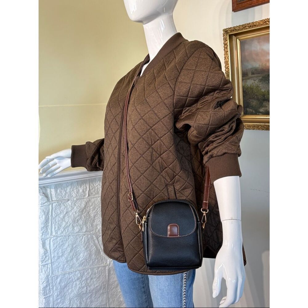 NWOT Chic Black Faux Leather Mini Crossbody Bag | Brown Trim | Gold Hardware